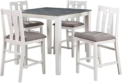 Benjara Helio 5 Piece Counter Height Dining Table and Chairs Set, Wood, White and Gray