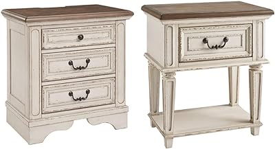 Signature Design by Ashley Realyn French Country 3 Drawer Nightstand, Chipped White & Realyn Traditional Cottage 1 Drawer Nightstand, Chipped White, Distressed Brown