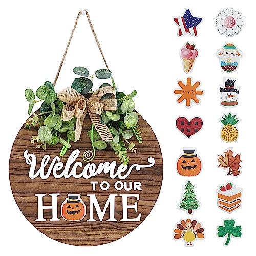 Interchangeable Seasonal Welcome Sign Front Door Decoration, Rustic Round Wood Wreaths Wall Hanging Outdoor, Farmhouse, Porch, for Spring Summer Fall All Seasons Holiday Halloween Christmas.