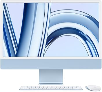 Image of iMac. O computador desktop tudo em um da Apple com chip M3 (2023): CPU de 8 núcleos, GPU de 10 núcleos, tela Retina 4.5K 24 pol, 8 GB de memória unificada, SSD 256 GB e acessórios na mesma cor. Azul