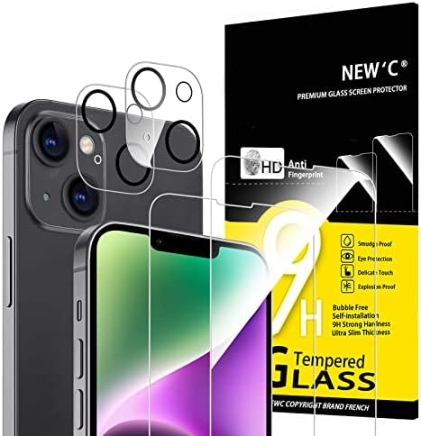 NEW'C 4 Pack, 2 Pack Screen Protector for iPhone 14 [6.1 inch] + 2 Pack Camera Lens Protector, Sensor Protection,Case Friendly Tempered Glass Film