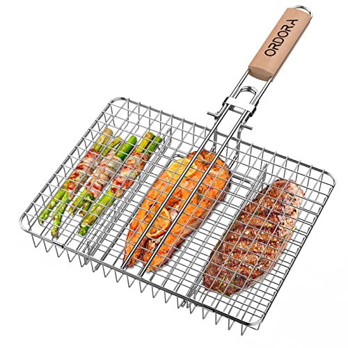 ORDORA Grill Basket, Fish Grill Basket, Rustproof Stainless Steel BBQ Grilling Basket for Meat,Steak, Shrimp, Vegetables, Chops, Heavy Duty Grill Basket Outdoor Grill Accessories