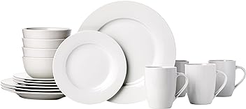 Image of Amazon Basics 16-Piece Porcelain Kitchen Dinnerware Set with Plates, Bowls and Mugs, Service for 4 - White