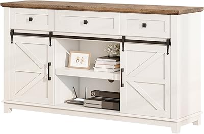 LUXOAK Farmhouse TV Stand with Sliding Barn Door & Drawer, 59" Rustic Entertainment Center for TVs up to 65", Buffet Storage Cabinet for Living Room, Bedroom, Dinning Room, White+Barnwood