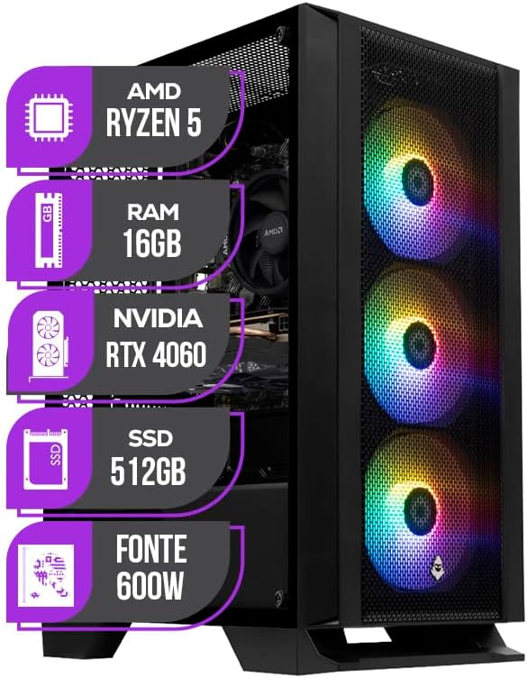 PC Gamer Mancer, AMD RYZEN 5 5500, RTX 4060 8GB, 16GB DDR4, SSD 512GB M.2, 600W 80 Plus