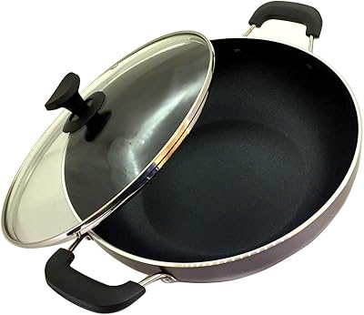 Aluminium Non-Stick Kadhai Induction Bottom Non-Stick 240 mm Kadai with Glass Lid. Free One Scrubber And One Wooden Spatula.(2.2 ltr)