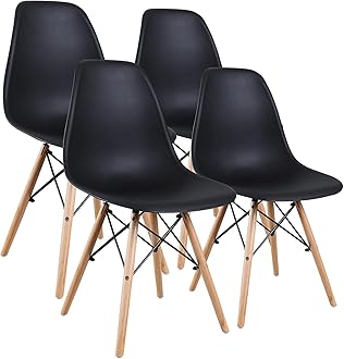 Image of Amazon Basics Modern Dining Chair Set, Shell with Wood Legs for Kitchen, Dining, Living Room, Set of 4, Black, 18.11" W x 20.28" D x 32.68" H