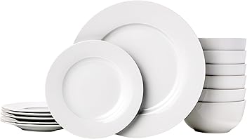 Image of Amazon Basics 18-Piece Kitchen Dinnerware Set, Plates, Dishes, Bowls, Service for 6 - White