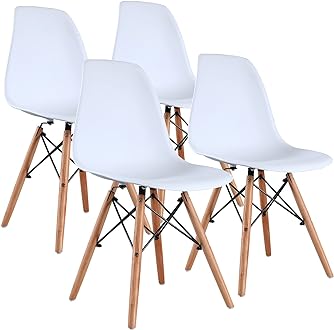 Image of Amazon Basics Modern Dining Chair Set, Shell with Wood Legs for Kitchen, Dining, Living Room, Set of 4, White, 18.11"W x 20.28"D x 32.68" H