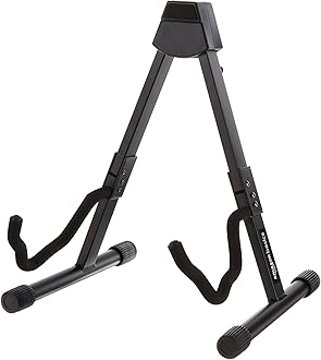 Image of Amazon Basics Adjustable Guitar Folding A-Shape Frame Stand for Acoustic and Electric Guitars with Non-Slip Rubber and Soft Foam Arms, Fully Assembled, Black