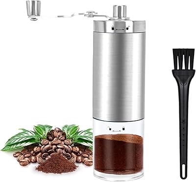 Moedor de café manual portátil e visível, moedor de café de aço inoxidável com ajuste de botão ajustável de cerâmica para cozinha e caminhadas, perfeito para acampar, prata