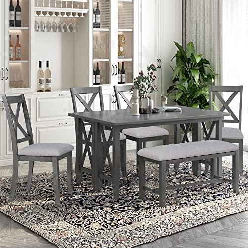 6 Pieces Dining Table Set, Wood Rectangle Table and 4 Chairs with Bench with Cushion, Kitchen Table Chairs Set for 6 Persons (Gray)