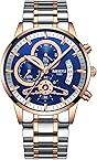 NIBOSI Men Watches Luxury Fashion Casual Dress Chronograph Waterproof Military Quartz Wristwatches for Men Stainless Steel Band, Blue Dial, Gold Band