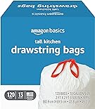 Amazon Basics Tall Kitchen Drawstring Trash Bags, 13 Gallon, 120 Count, Pack of 1