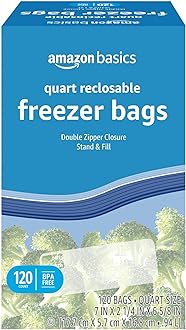 Image of Amazon Basics Reclosable Freezer Quart Bags, Stand & Fill Base, 120 Count