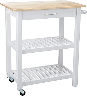 Image of Amazon Basics 2 shelves Kitchen Island Cart with Storage, Solid Wood Top and Wheels, 35.4 x 18 x 36.5 inches, Natural / White