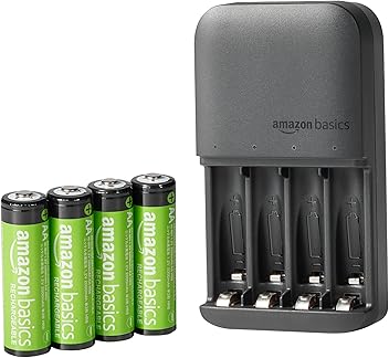 Image of Amazon Basics - Rechargeable AA NiMh Batteries with 4 Bay Battery Charger, Type A (American) Plug, Black, 4 Count (Pack of 1)