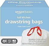 Amazon Basics Tall Kitchen Drawstring Trash Bags, Clean Fresh Scent, 13 Gallon, 200 Count, Pack of 1