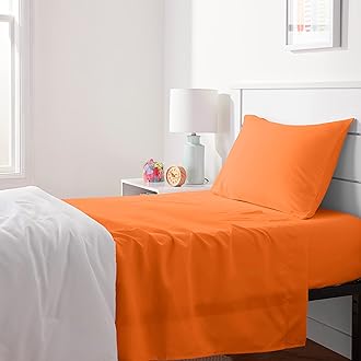 Image of Amazon Basics Kid's Soft Easy-Wash Lightweight Microfiber 3-Piece Sheet Set, Toddler, Bright Orange, Solid