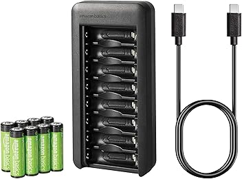 Image of Amazon Basics Rechargeable AA NiMh Batteries with 8-Bay Battery Charger, USB-C Port, No AC Power Adapter, 8 Count (Pack of 1)