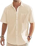 J.VER Men's Linen Cotton Button Down Shirts Lightweight Casual Wedding Short Sleeve Shirt Summer Beach Top with Pocket Beige Large