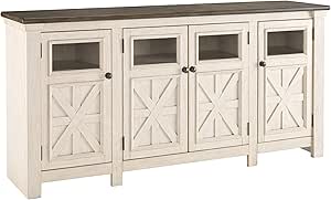 Signature Design by Ashley Bolanburg Two Tone Farmhouse TV Stand, Fits TVs up to 72&#34;, 3 Cabinets and Adjustable Storage Shelves, Whitewash