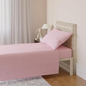 Image of Amazon Basics 100% Cotton Jersey 3-Piece Toddler Sheet Set, Super Soft, Breathable - includes a Flat Sheet, a Fitted Sheet and a Pillowcase, 28 x 52 Inches, Pink, Solid