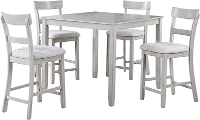 Benjara Cher 5 Piece Set Counter Height Dining Table, 4 Chairs, Gray Fabric, Wood