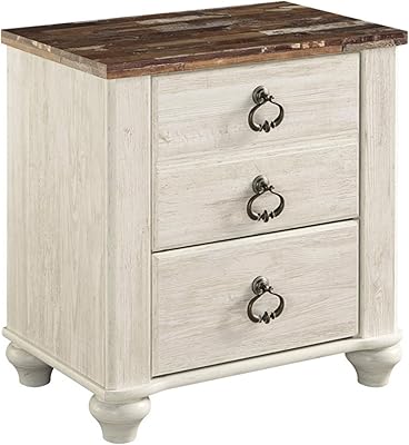 Signature Design by Ashley Willowton Farmhouse 2 Drawer Nightstand with USB Charging Ports, Whitewash