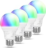 Amazon Basics Smart A19 LED Light Bulb, red, green, blue, white. color changing, 2.4 GHz Wi-Fi, 7.5 W 60W Equivalent 800LM, Works with Alexa Only, 4-Pack