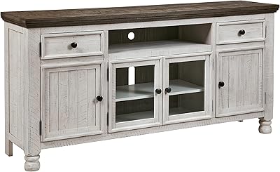 Signature Design by Ashley Havalance Farmhouse TV Stand Fits TVs up to 72", 4 Cabinets and Shelves For Storage, Vintage White & Weathered Gray