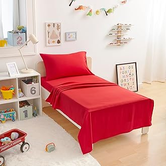 Image of Amazon Basics Kid's Soft Easy-Wash Lightweight Microfiber 3-Piece Sheet Set, Toddler, Red, Solid