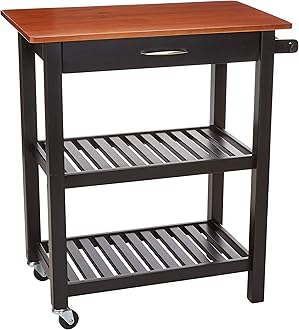 Image of Amazon Basics Kitchen Island Cart with Storage, Solid Wood Top and Wheels, 2 shelves, 35.4 x 18 x 36.5 inches, Cherry and Black