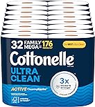 Cottonelle Ultra Clean Toilet Paper with Active CleaningRipples Texture, 32 Family Mega Rolls (32 Family Mega Rolls = 176 Regular Rolls) (8 Packs of 4), 353 Sheets Per Roll, Packaging May Vary