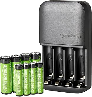 Image of Amazon Basics - NiMh Rechargeable Batteries (4 AA & 4 AAA) with 4 Bay Battery Charger, Type A (American) Plug, Black, 8 Count