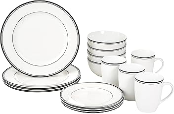 Image of Amazon Basics 16-Piece Cafe Stripe Kitchen Dinnerware Set, Plates, Bowls, Mugs, Service for 4, Black