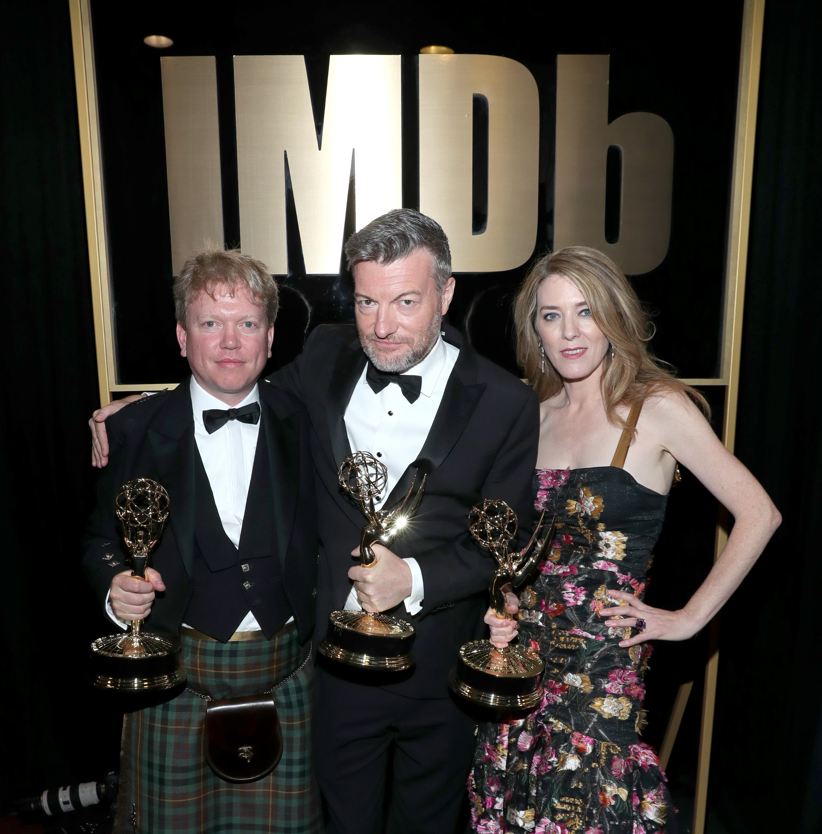 Charlie Brooker, Annabel Jones, and Russell McLean at an event for IMDb at the Emmys (2016)