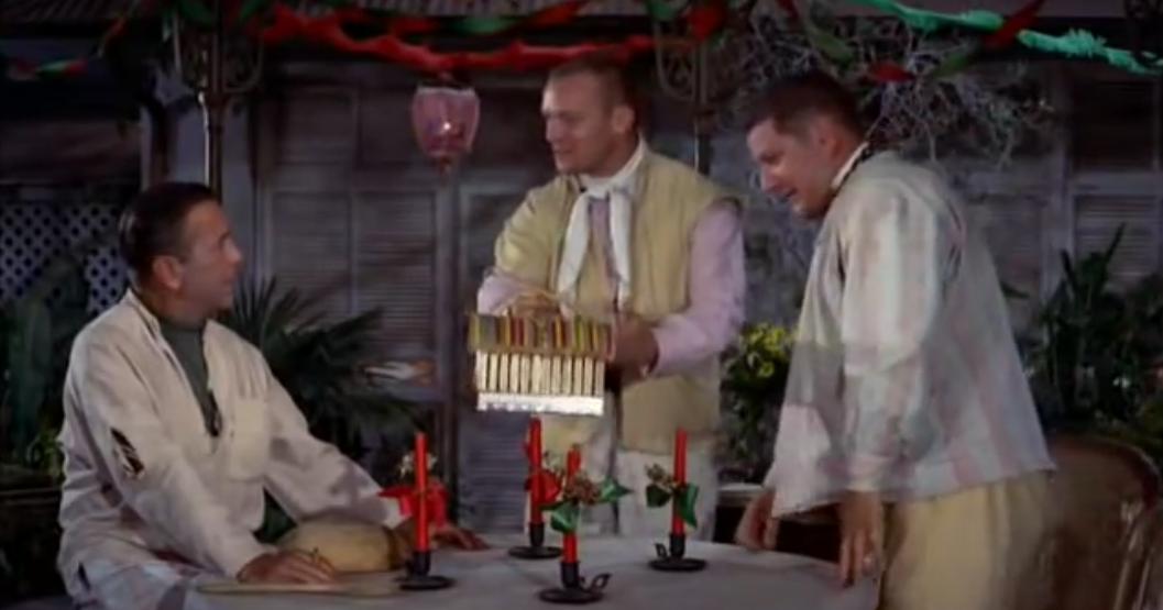 Humphrey Bogart, Peter Ustinov, and Aldo Ray in We're No Angels (1955)