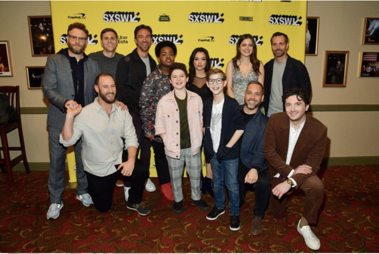 Will Forte, Seth Rogen, Molly Gordon, Evan Goldberg, Gene Stupnitsky, Brady Noon, Jacob Tremblay, Keith L. Williams, and Midori Francis in Good Boys (2019)