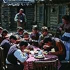 John Wayne, Robert Carradine, Alfred Barker Jr., Nicolas Beauvy, Steve Benedict, Sarah Cunningham, Norman Howell, Stephen R. Hudis, Sean Kelly, Clay O'Brien, Sam O'Brien, and Mike Pyeatt in The Cowboys (1972)