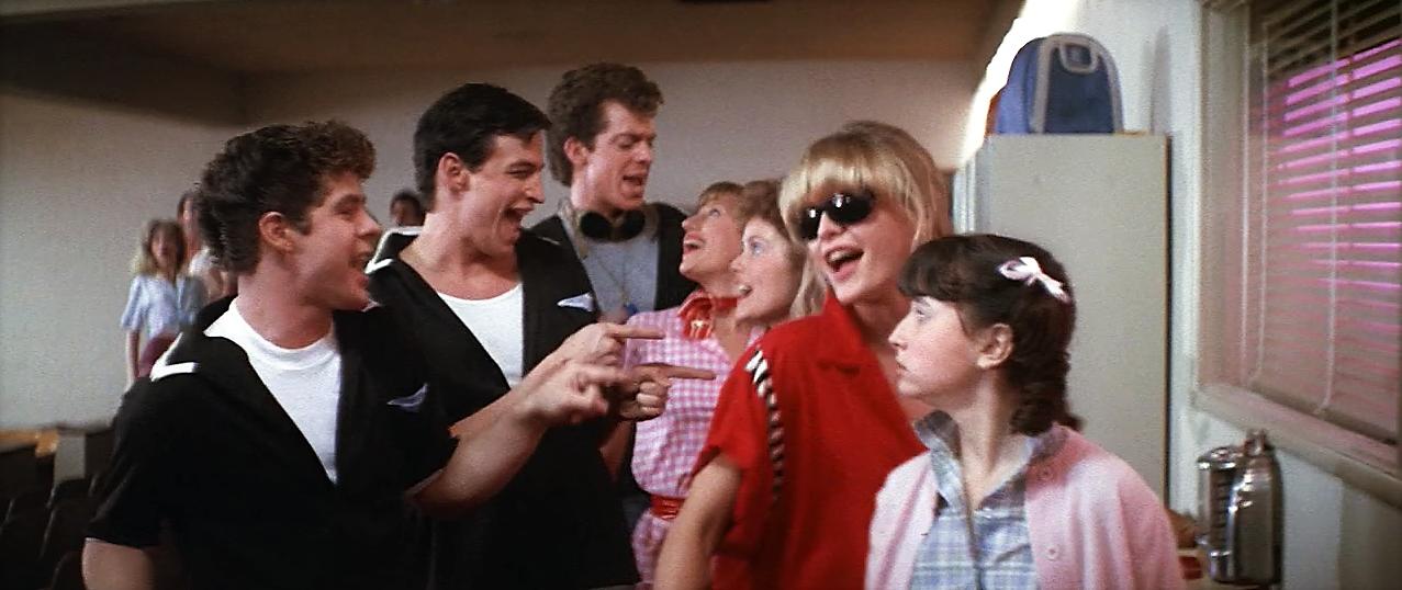 Michelle Pfeiffer, Christopher McDonald, Peter Frechette, Leif Green, Alison Price, Pamela Adlon, and Maureen Teefy in Grease 2 (1982)