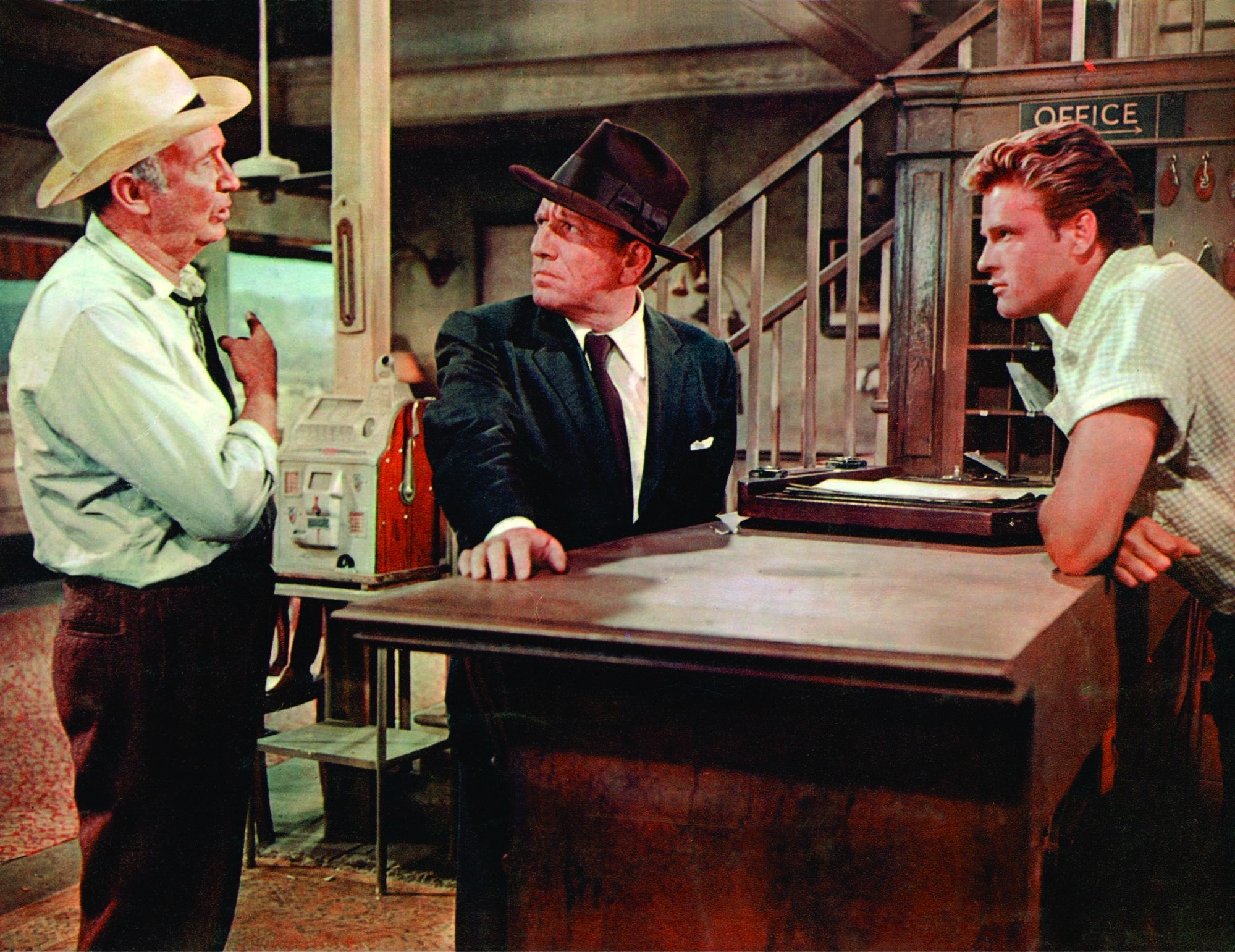 Spencer Tracy, Walter Brennan, and John Ericson in Bad Day at Black Rock (1955)