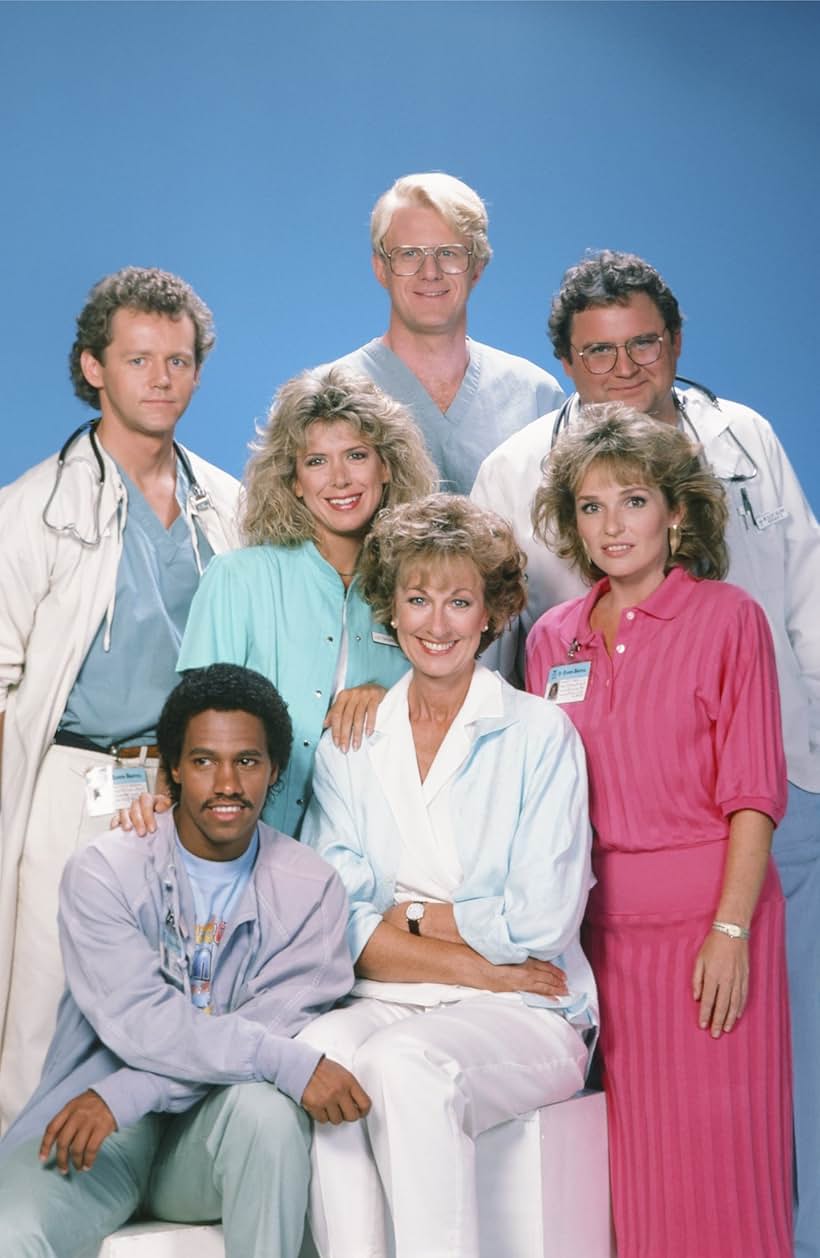 Ed Begley Jr., David Morse, Stephen Furst, Eric Laneuville, Sagan Lewis, Christina Pickles, and Jennifer Savidge in St. Elsewhere (1982)