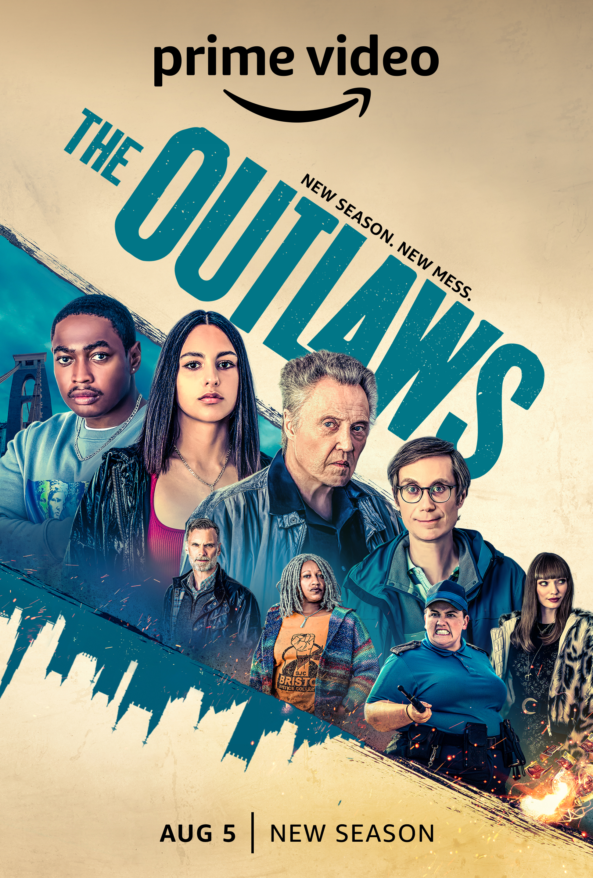 Christopher Walken, Darren Boyd, Stephen Merchant, Clare Perkins, Eleanor Tomlinson, Jessica Gunning, Gamba Cole, and Rhianne Barreto in The Outlaws (2021)