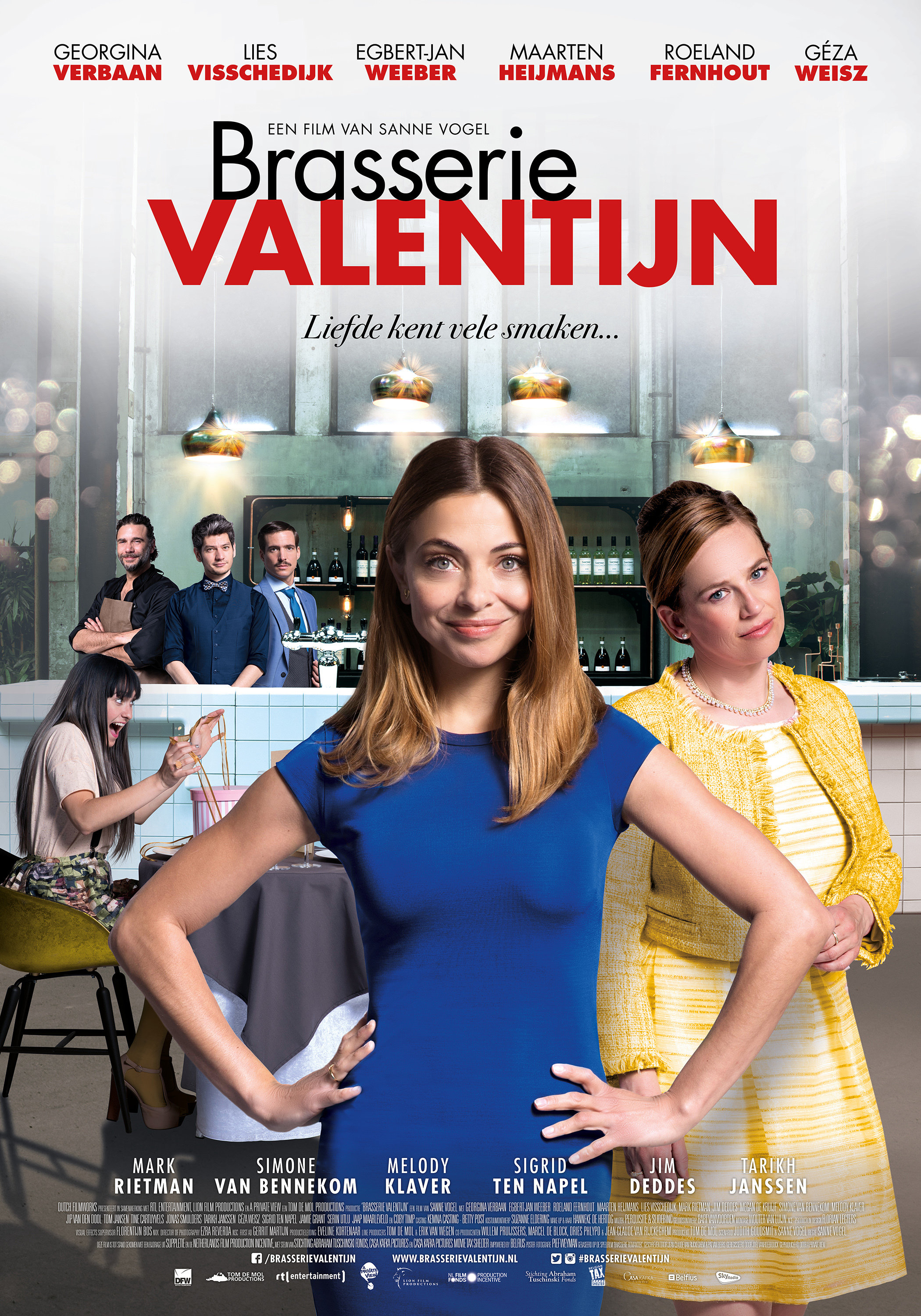 Roeland Fernhout, Georgina Verbaan, Lies Visschedijk, Egbert Jan Weeber, Sanne Vogel, Maarten Heijmans, and Melody Klaver in Brasserie Valentine (2016)