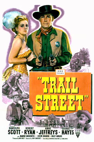 Randolph Scott, George 'Gabby' Hayes, Anne Jeffreys, Madge Meredith, and Robert Ryan in Trail Street (1947)