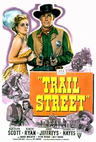 Randolph Scott, George 'Gabby' Hayes, Anne Jeffreys, Madge Meredith, and Robert Ryan in Trail Street (1947)