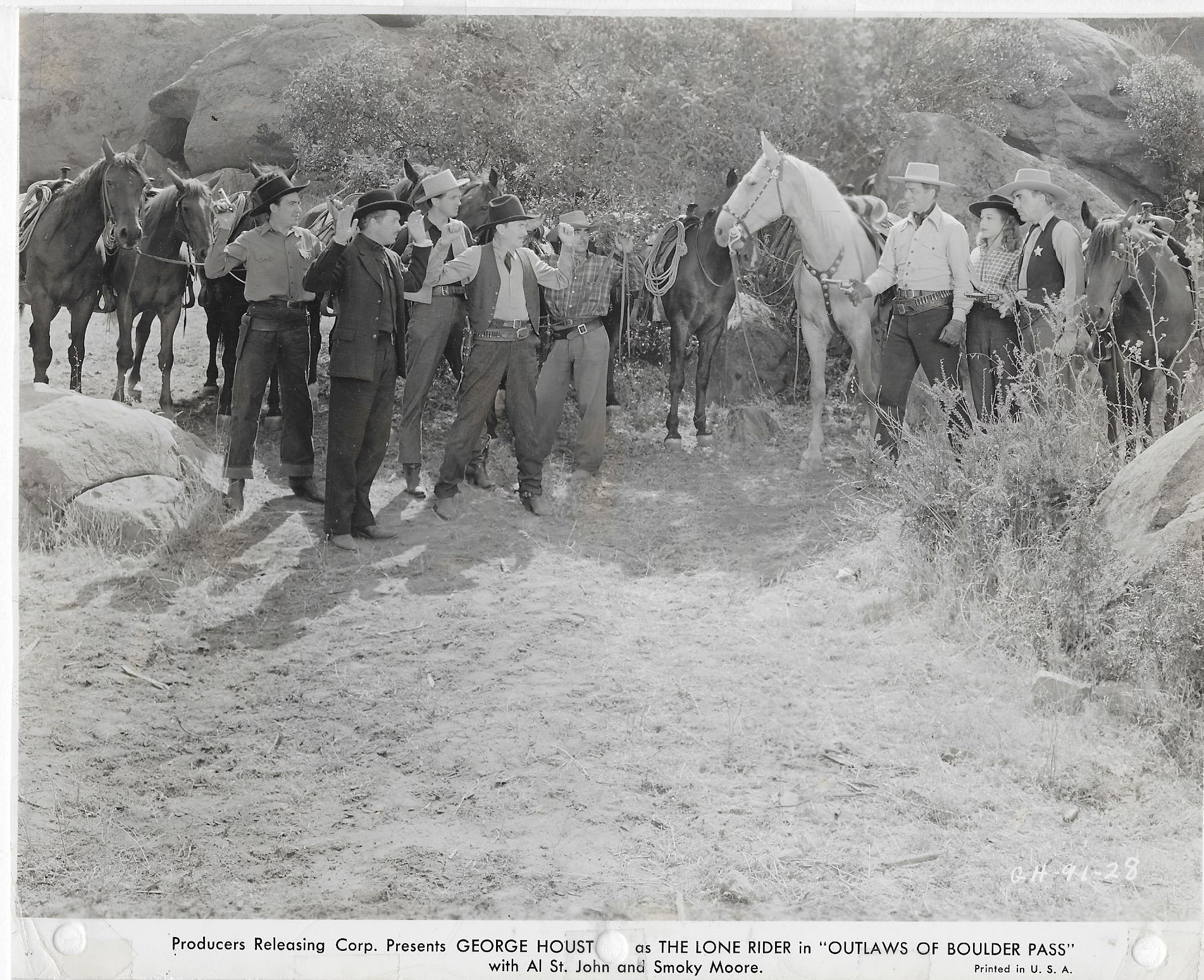 Ted Adams, Art Fowler, Karl Hackett, George Houston, I. Stanford Jolley, and Marjorie Manners in Outlaws of Boulder Pass (1942)