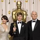 Academy Award®-winner Dustin Lance Black (center) with presenters (left to right) Tina Faye and Steve Martin backstage at the 81st Academy Awards® are presented live on the ABC Television network from The Kodak Theatre in Hollywood, CA, Sunday, February 22, 2009.
