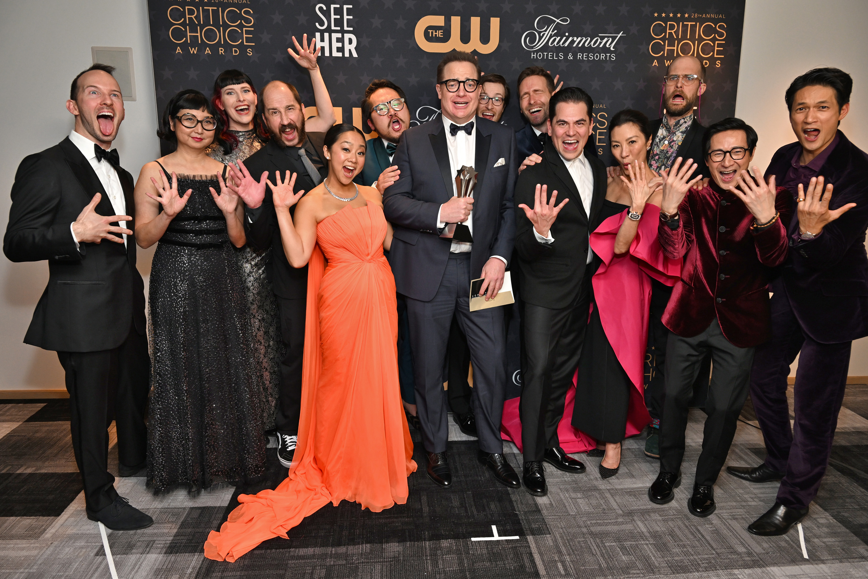 Brendan Fraser, Michelle Yeoh, Shirley Kurata, Ke Huy Quan, Harry Shum Jr., Jason Kisvarday, Daniel Scheinert, Kelsi Ephraim, Daniel Kwan, Zak Stoltz, Stephanie Hsu, Jonathan Wang, Jon Read, and Paul Rogers at an event for The 28th Annual Critics' Choice Awards (2023)